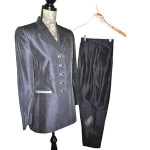 Algo Couture Luxury Tailored Women Gray Rhinestone Silk Blazer Pant Sz 8 NWOT